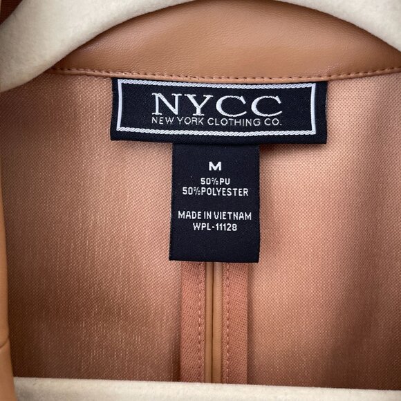 Tan Faux Leather Blazer Jacket 3/4 Sleeve Single Button NYCC Womens M - Picture 4 of 7
